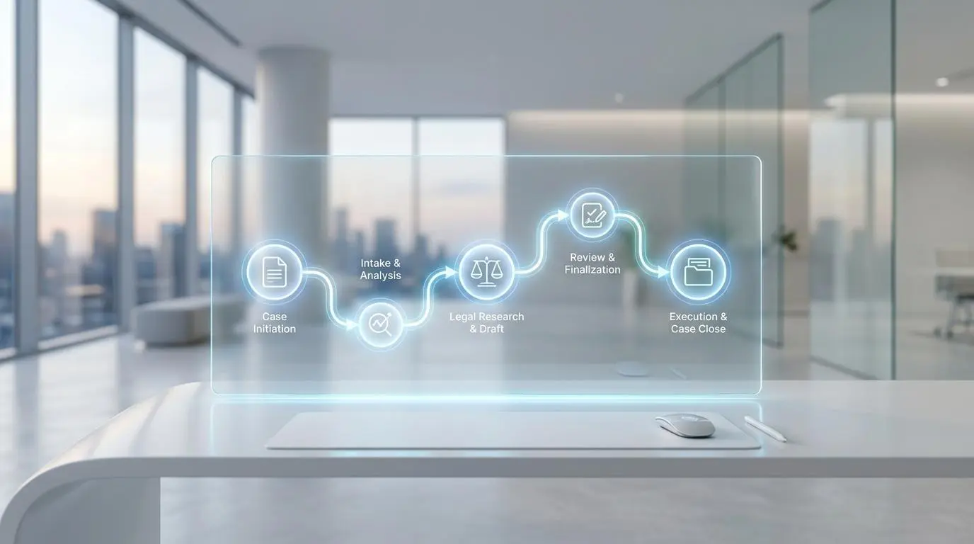 AI workflow visualization for small law firms: Case Initiation, Intake, Research, Review, and Close.