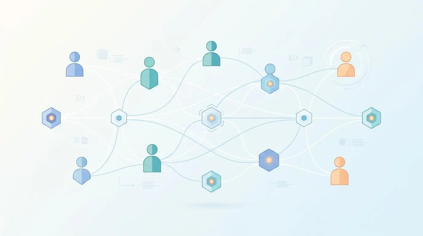 Abstract network of connected user icons and hexagonal nodes representing autonomous corporate workforce management for students.