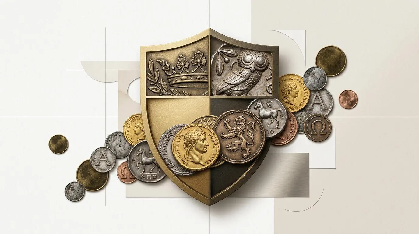 Collage of ancient coins and a shield symbolizing wealth and security for building a personal brand like a billionaire.