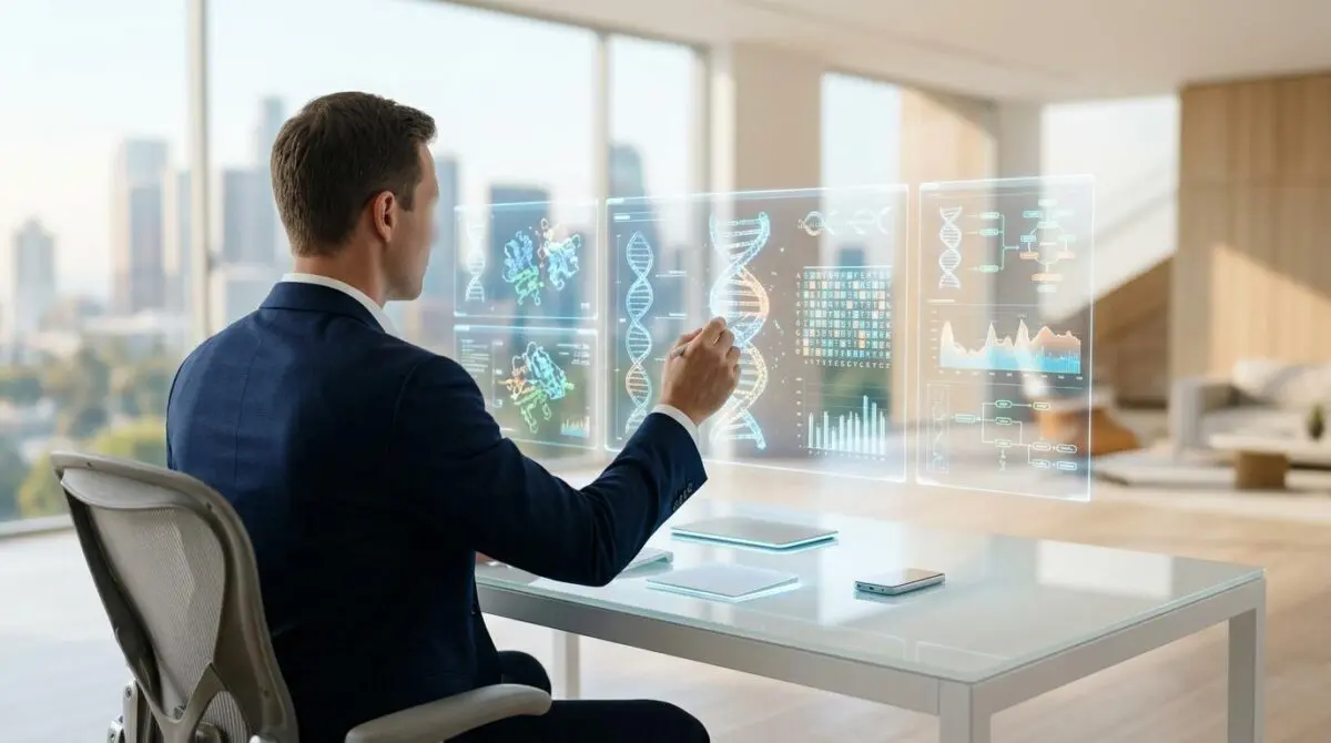 Faceless billionaire analyzes complex DNA and biological data on futuristic holographic display.
