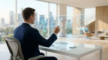Faceless billionaire analyzes complex DNA and biological data on futuristic holographic display.