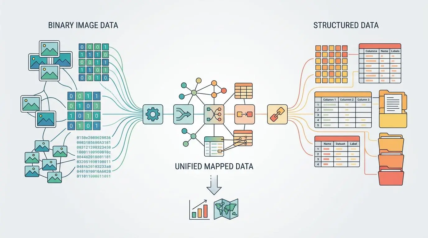 Diagram showing binary image data and structured data mapping to unified mapped data.
