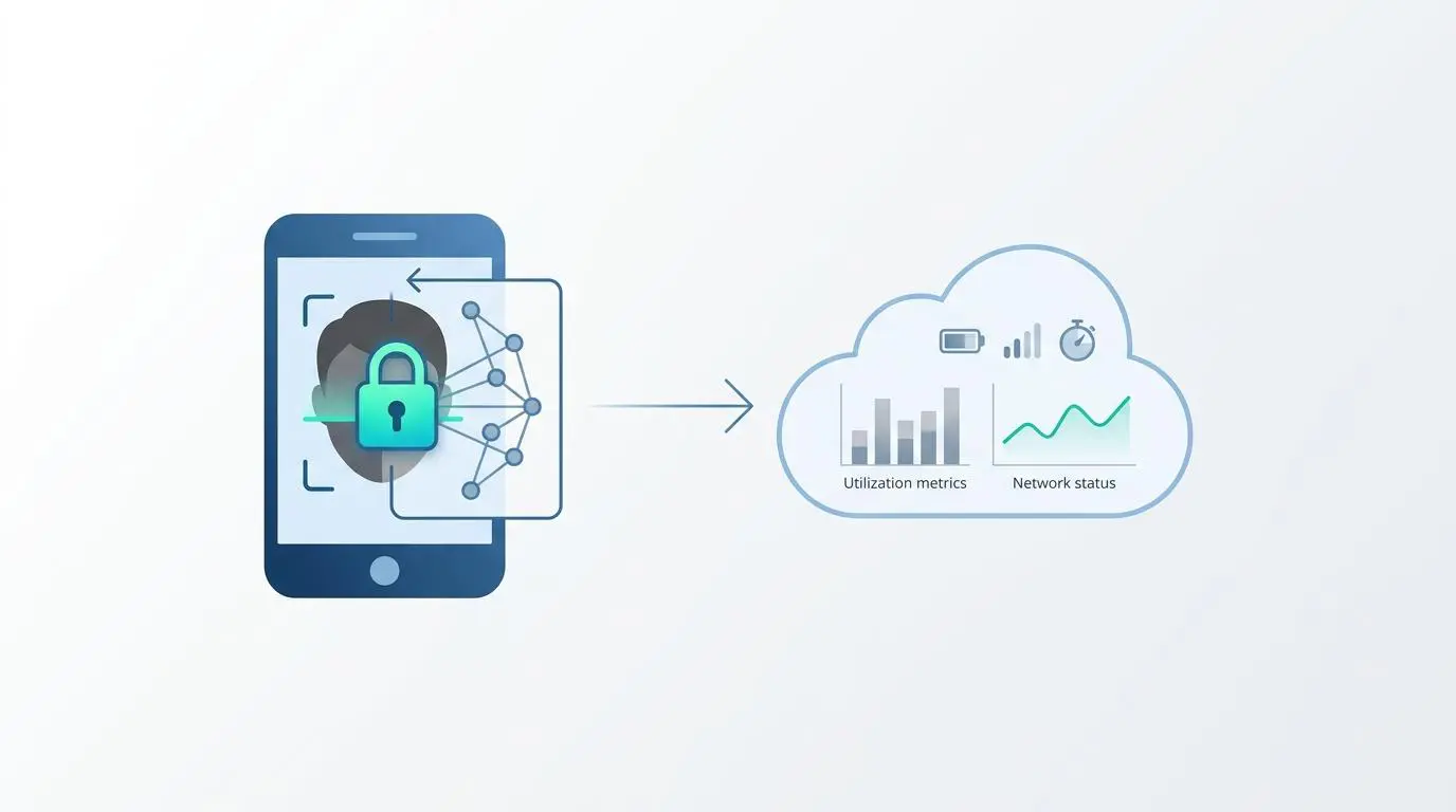 Smartphone showing face scan with lock icon and network telemetry in cloud for break scheduling.
