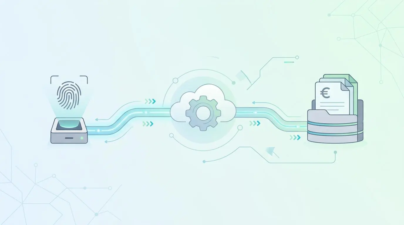 Biometric scanner feeding data to cloud automation for instant proof-of-delivery document generation.