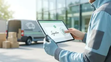 Delivery driver uses tablet for instant proof-of-delivery with biometric signature.
