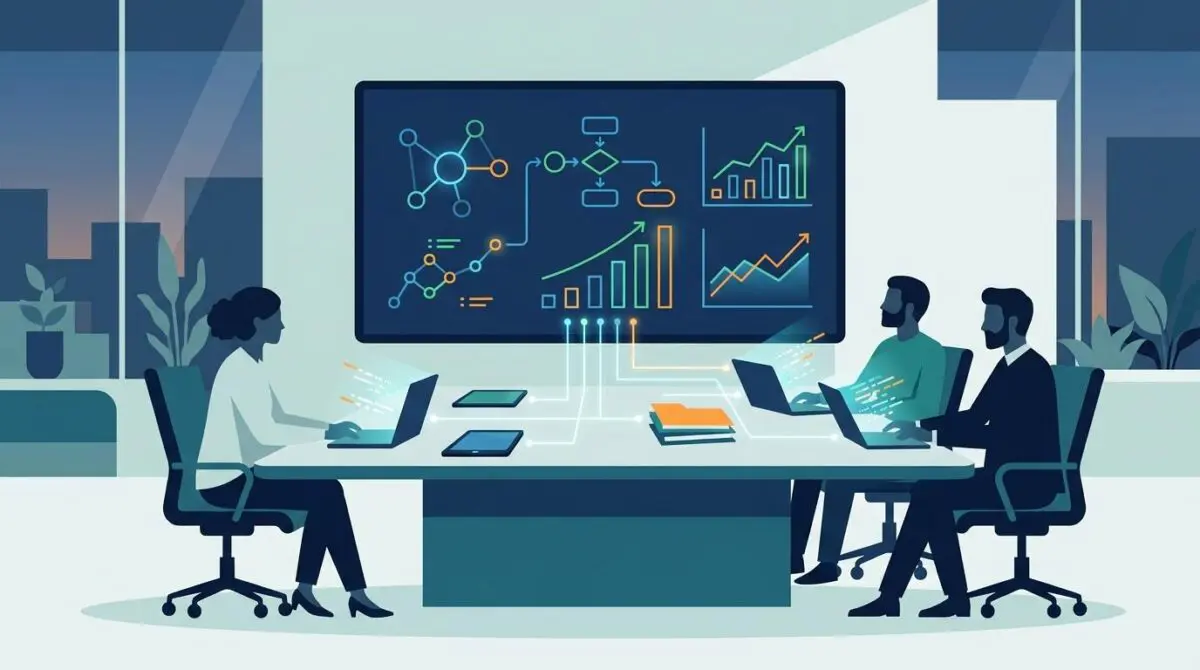 Team in modern boardroom analyzing digital strategy documents and charts, reflecting shareholder letter lessons.