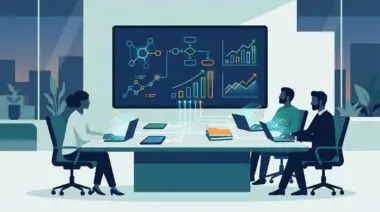 Team in modern boardroom analyzing digital strategy documents and charts, reflecting shareholder letter lessons.