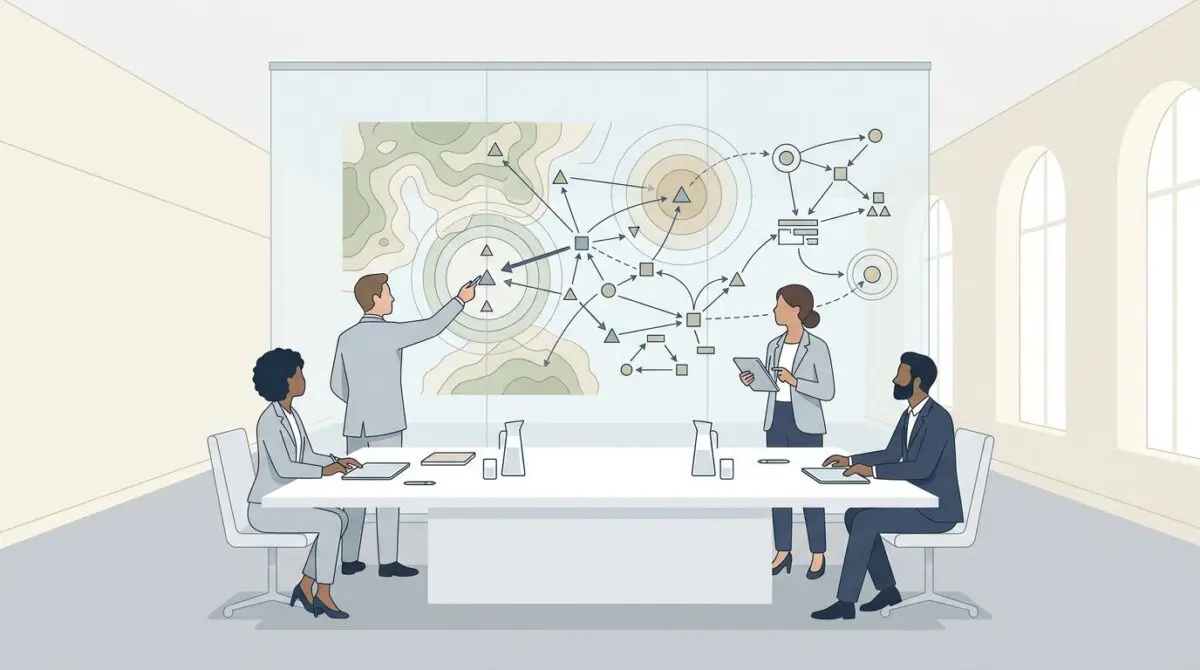 Business team strategizing in a boardroom with military tactical maps and network diagrams.