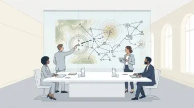 Business team strategizing in a boardroom with military tactical maps and network diagrams.