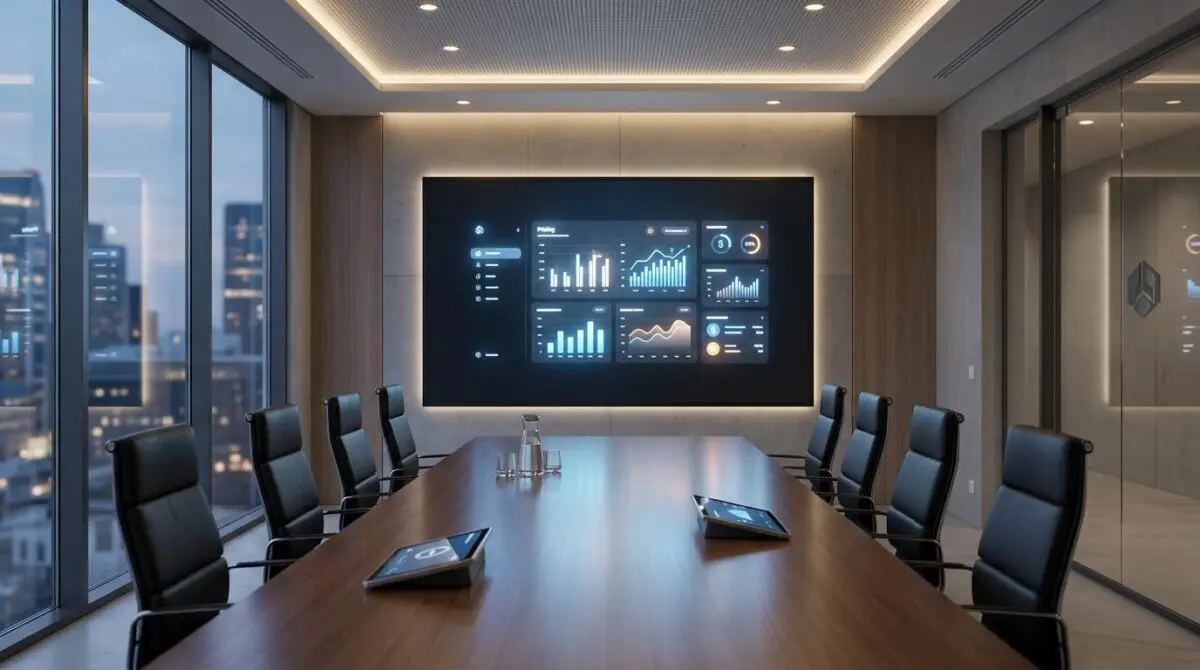 Boardroom displaying dynamic pricing analytics on a large screen, illustrating The Ethics of Dynamic and Personalized Pricing.