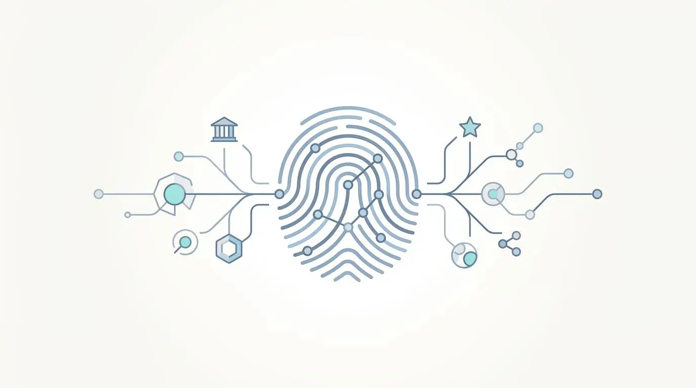 Digital fingerprint with connected nodes mapping brand entity authority for AI search strategies.