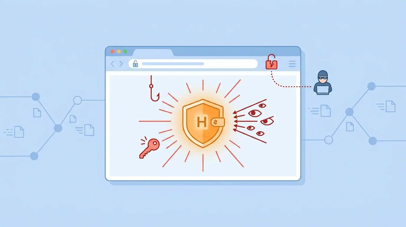 Browser hot wallet security risks: hacker targets shield with eyes and phishing hook. Crypto Wallets