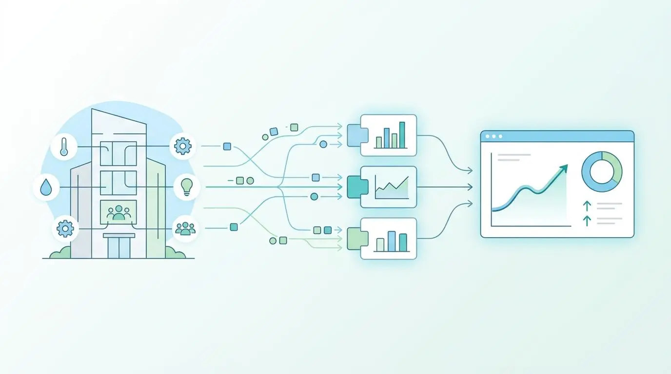 Building data dashboard visualizing energy, maintenance, and space optimization. By Andres SEO Expert.