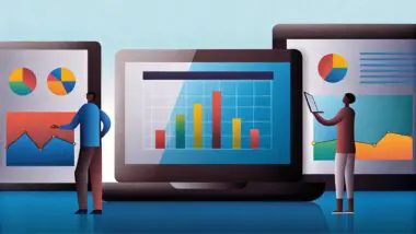 Stylized illustration of professionals analyzing business data charts and graphs on multiple digital screens.