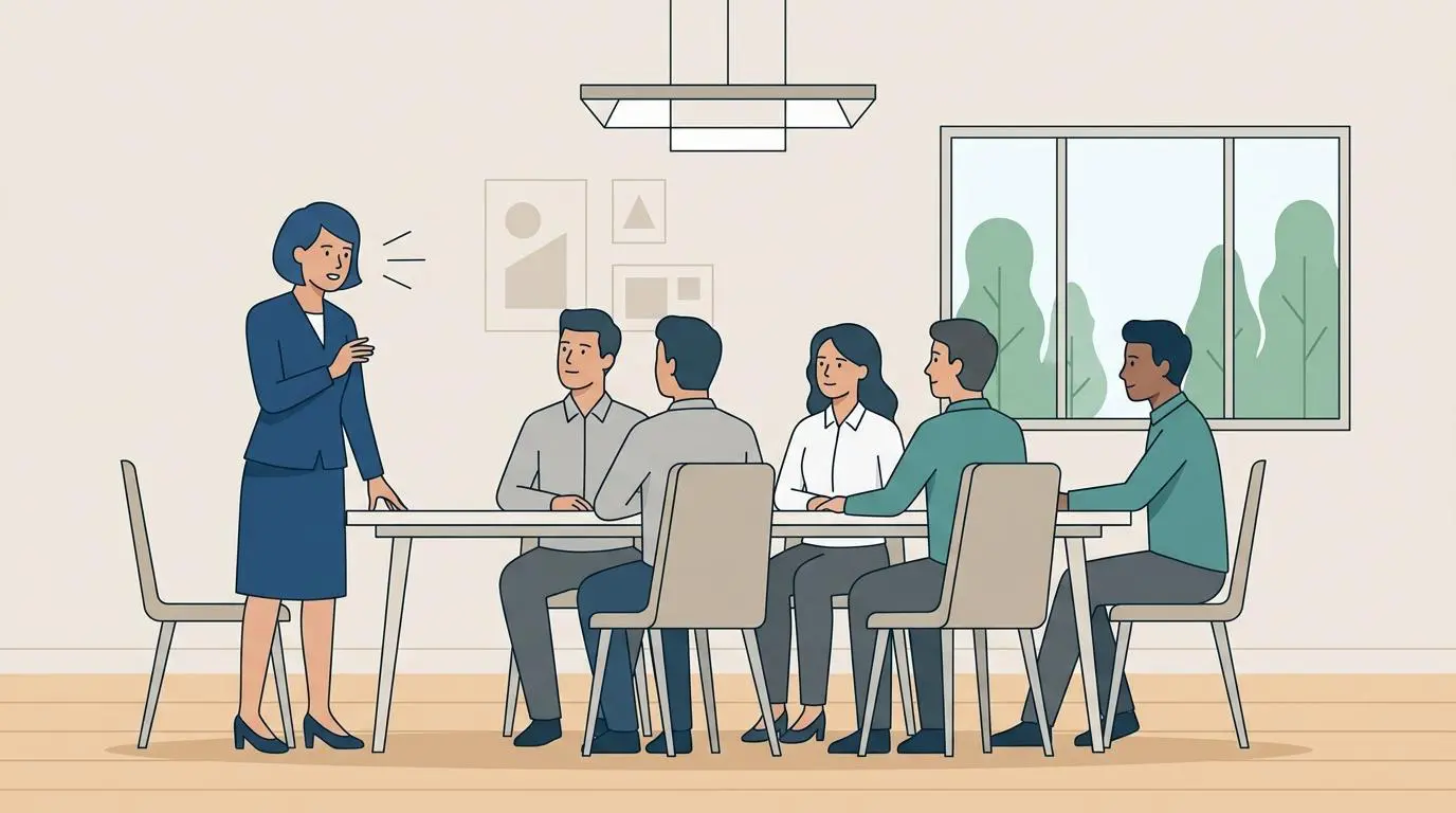 Business manager addressing employees in a meeting, illustrating how to read between the lines of corporate-speak.