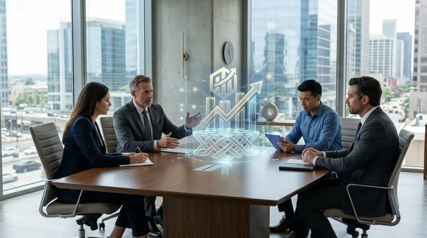 Executives in a meeting discuss corporate stability, referencing lessons from decades of shareholder letters.