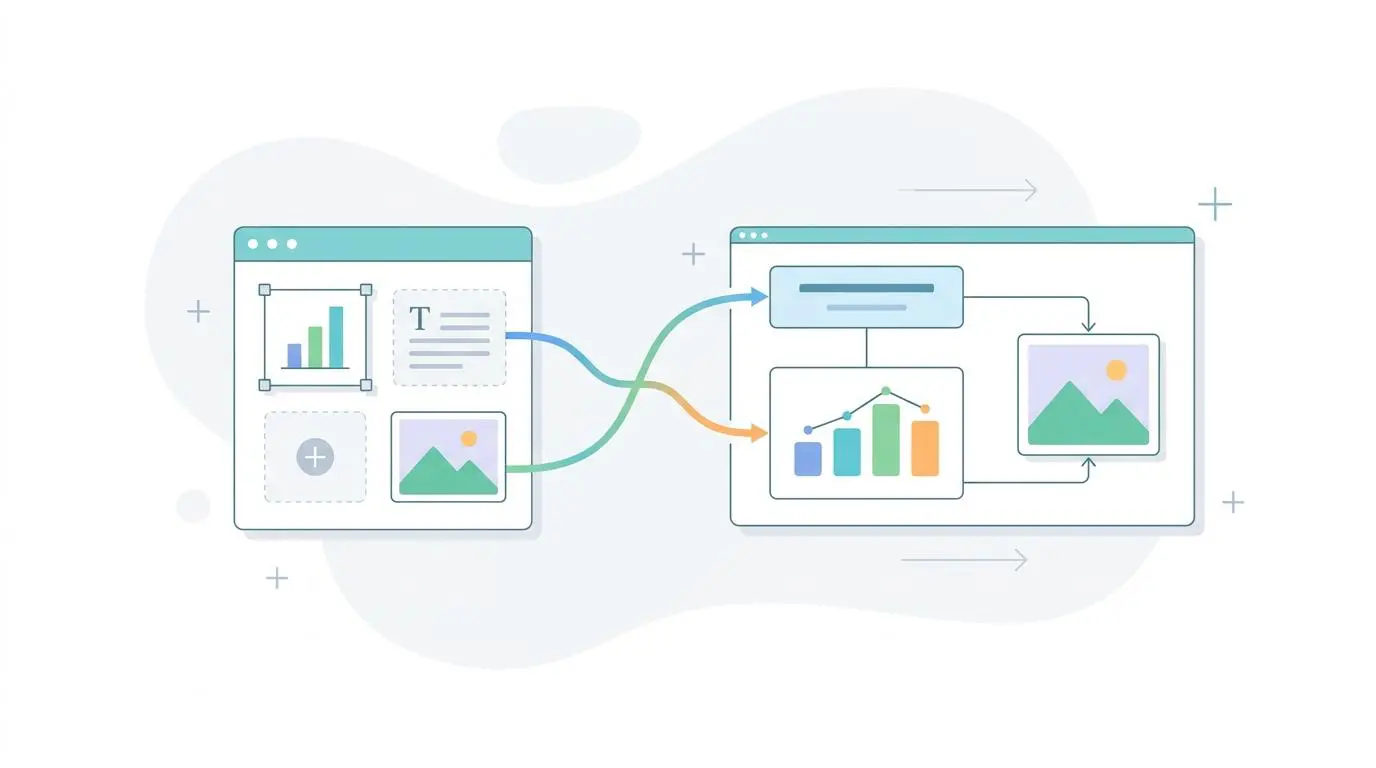 Abstract graphic showing data flow between presentation design platforms for students. By Andres SEO Expert.