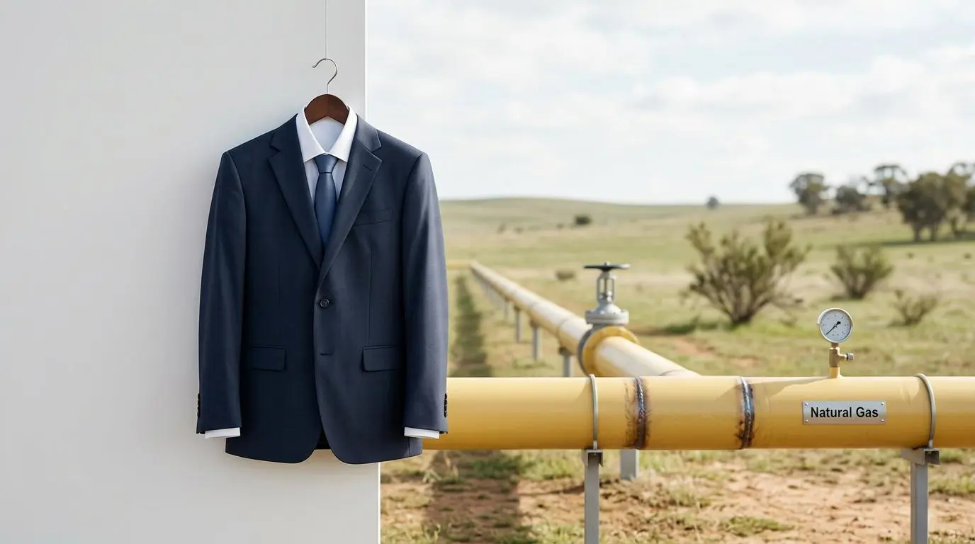A business suit hangs beside a natural gas pipeline, symbolizing wealth accumulation.