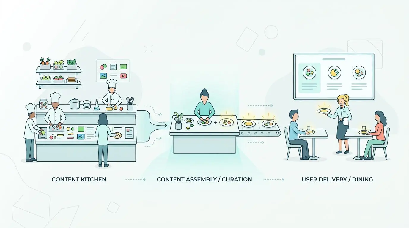 Restaurant analogy illustrating traditional, headless, and composable CMS differences: Content Kitchen, Assembly, and User Delivery.