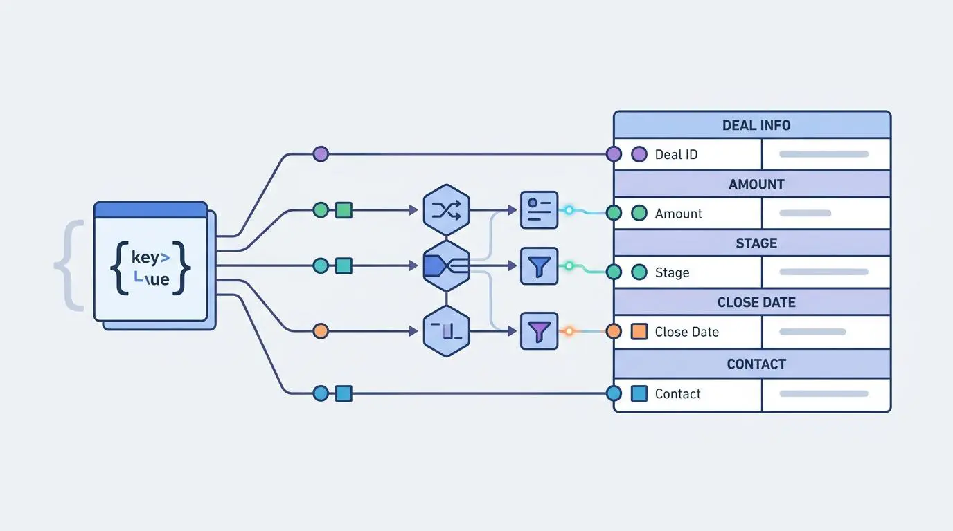 Diagram showing JSON schema mapping for CRM deal data to HubSpot API fields for AI case study generation.