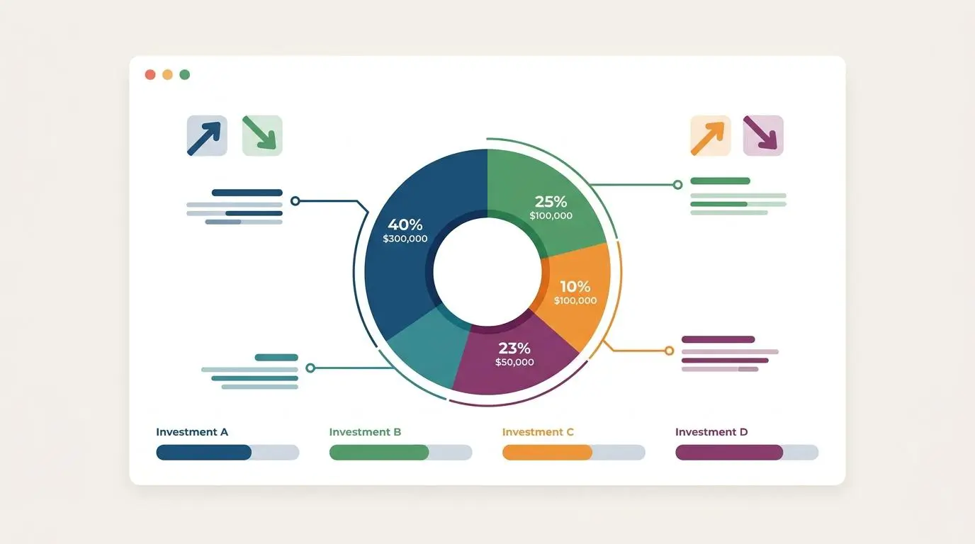 Financial analysis screen illustrating capital allocation with a pie chart showing investment percentages and amounts.