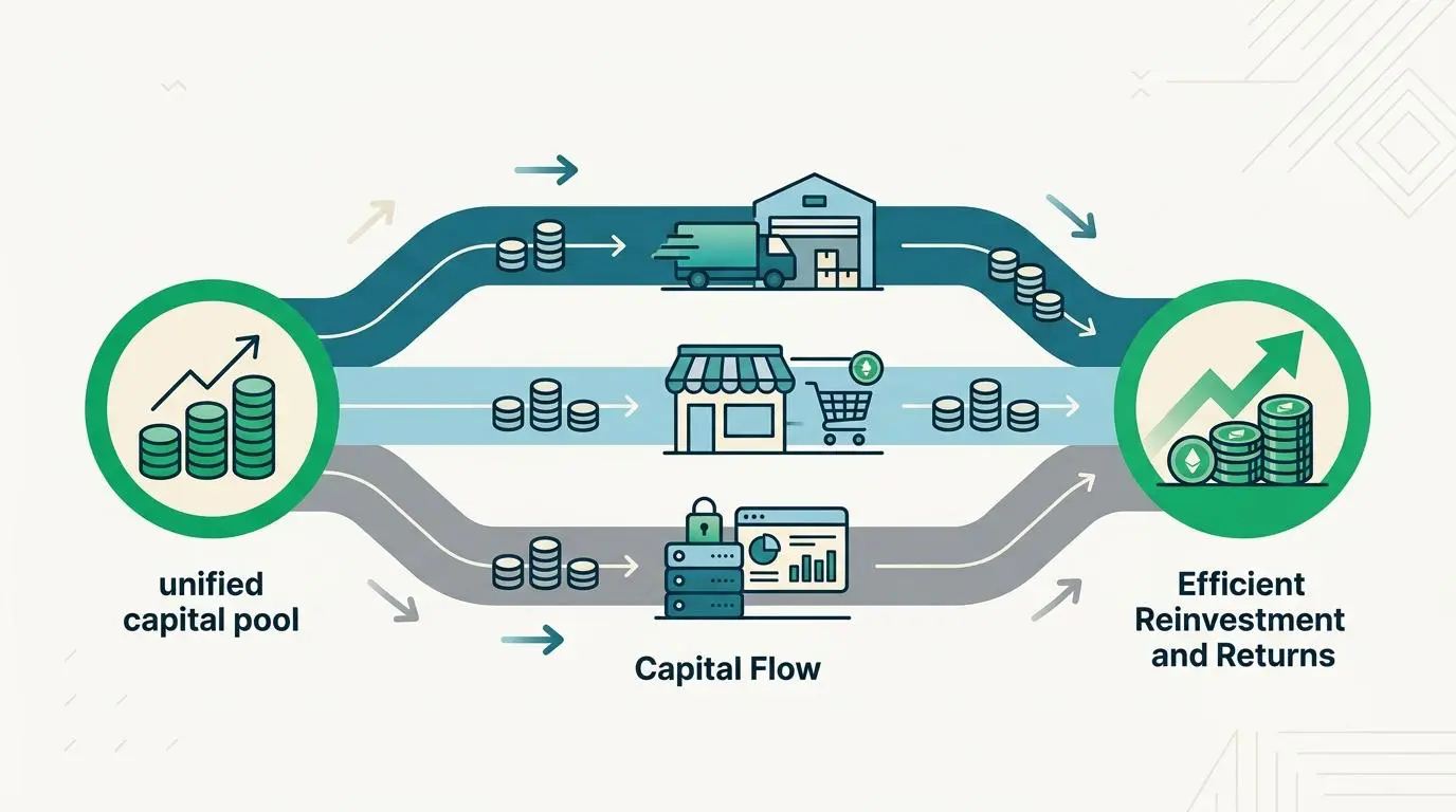 Diagram showing capital flow in retail POS systems from unified pool to reinvestment.