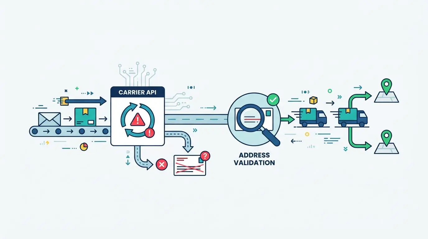Carrier API error and address validation process for automated return shipping labels.