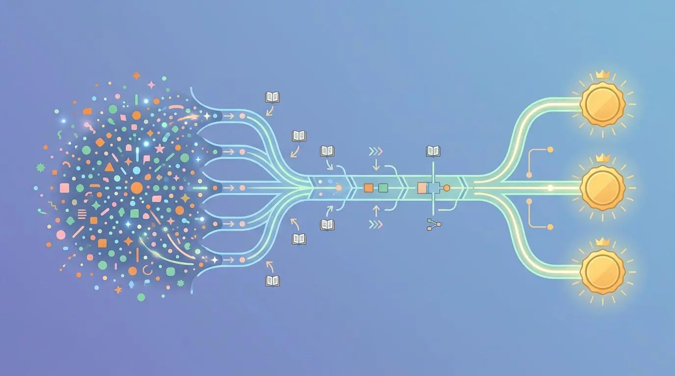 Abstract visualization of high entropy data pipelines leading to citation authority, shaping the future of search engines.
