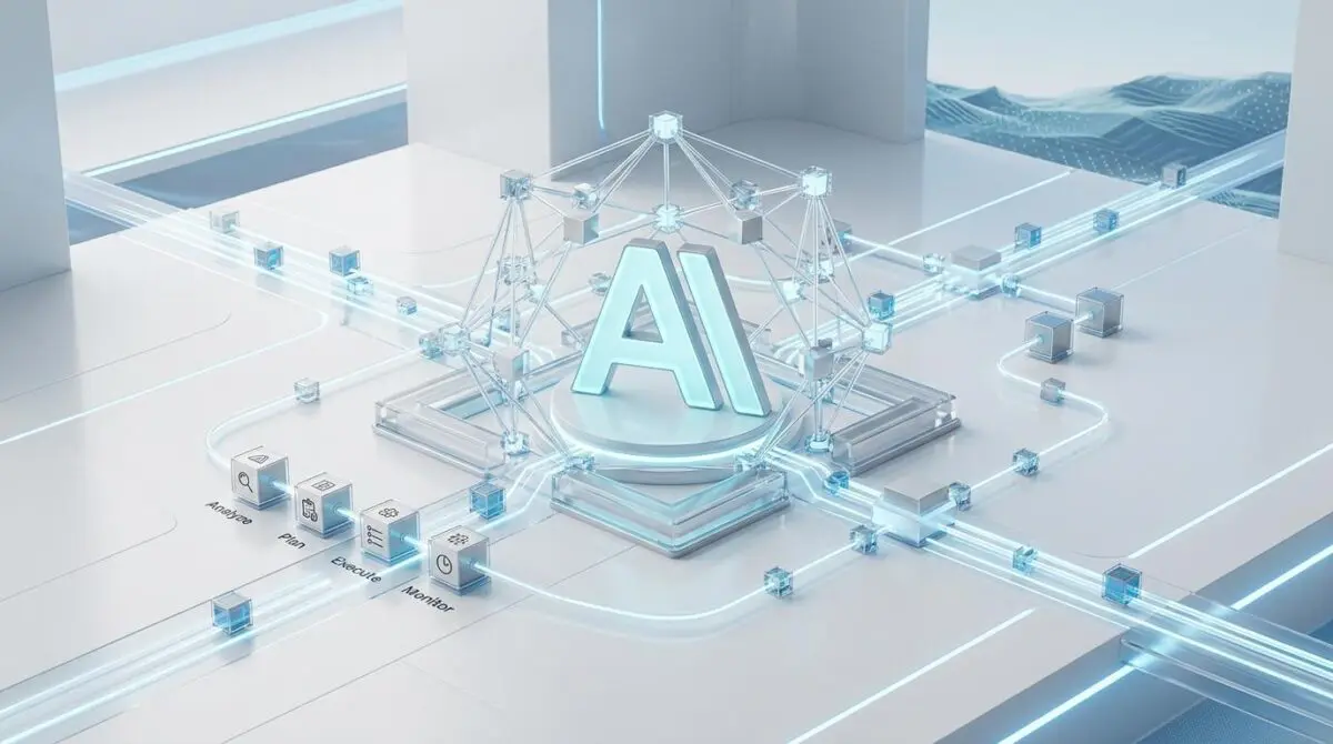 Claude 4 agentic reasoning framework visualized with AI core and process cubes.