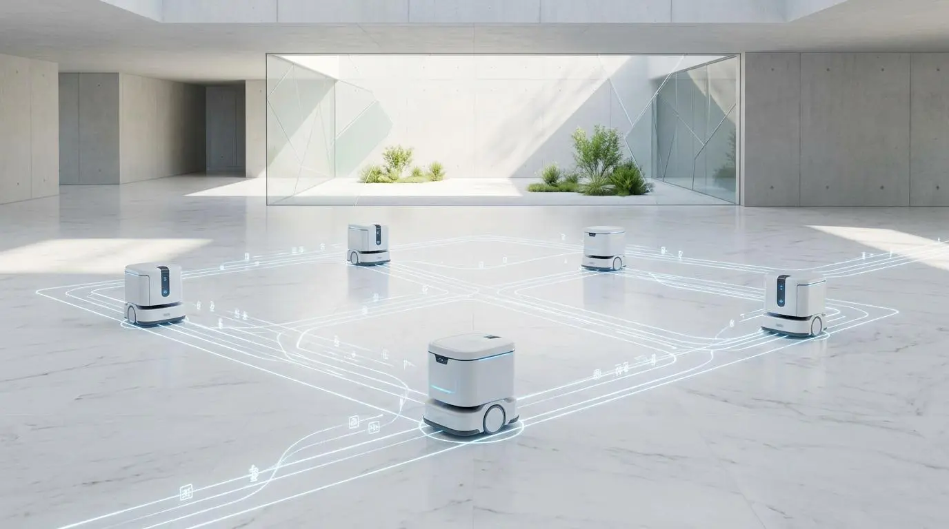 Claude AI multi-agent coordination using proprietary agentic protocol visualized with robotic agents and data paths.
