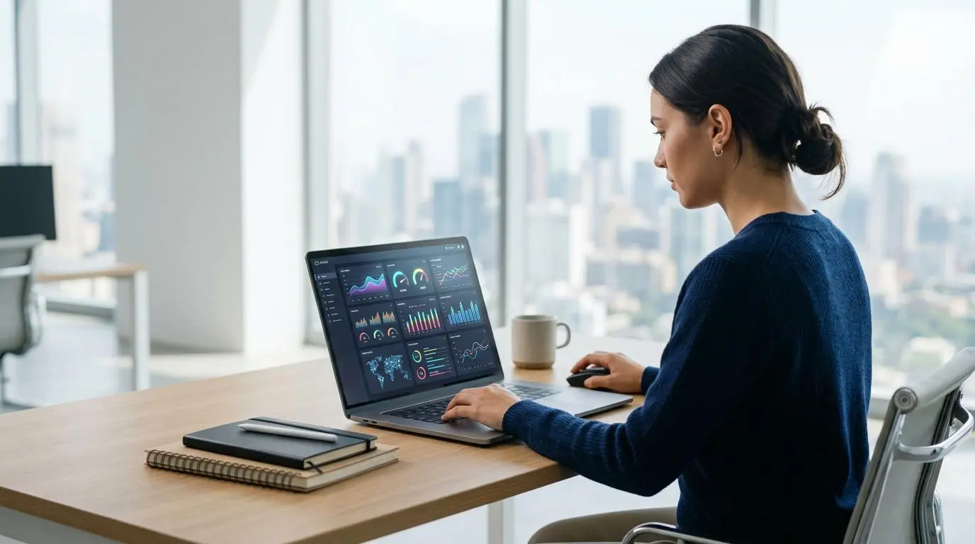Data analyst examines cloud dashboard displaying charts, graphs, and world map for personalized pricing insights.