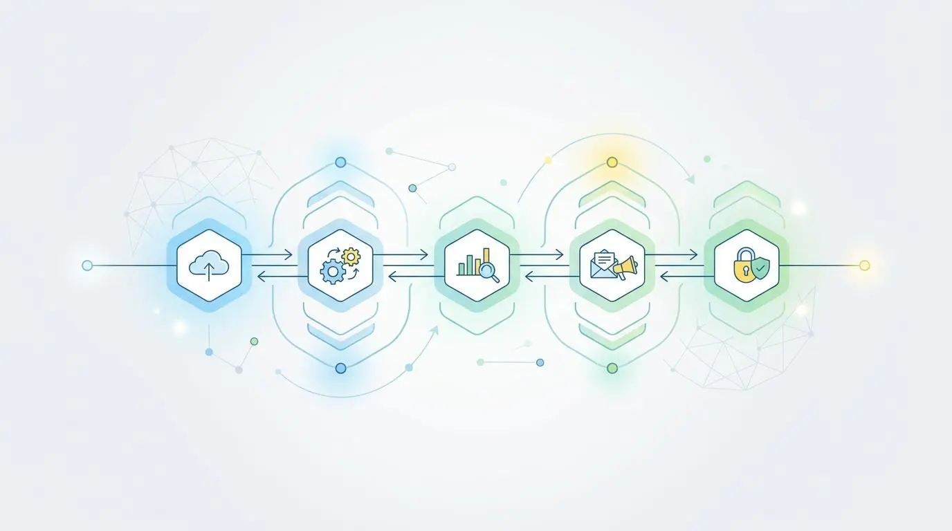 Cloud software stack illustrating CMS differences: cloud, gears, analytics, communication, security.