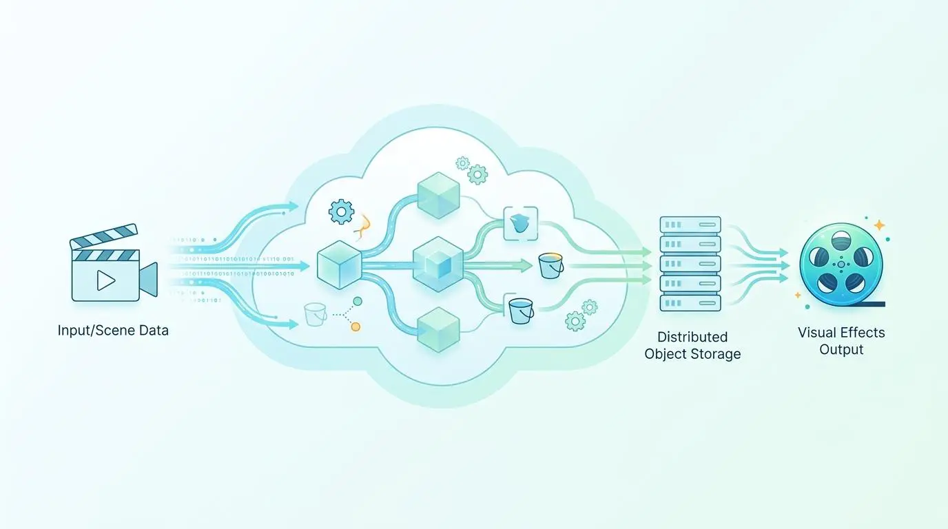 Cloud native visual effects rendering workflow showing input data processing to distributed storage and final output.