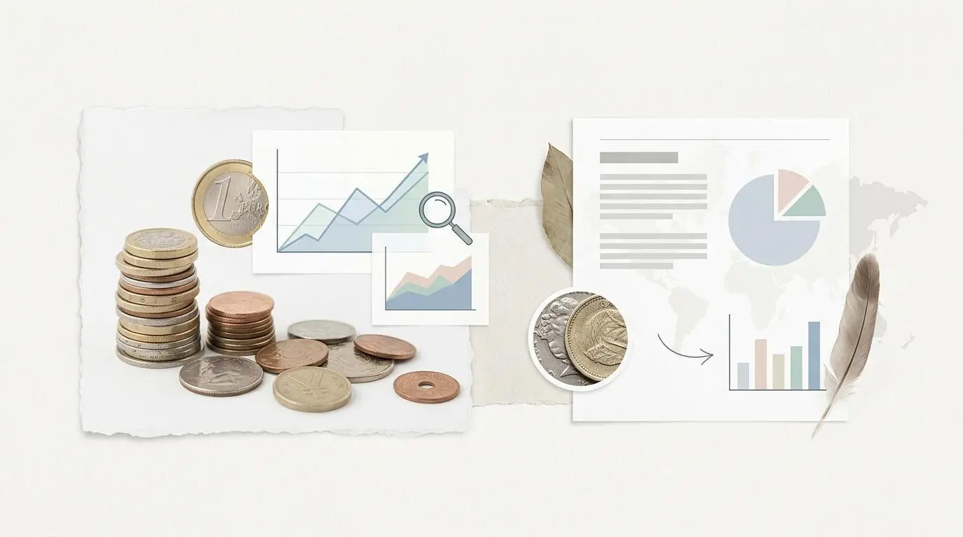 Collage of coins and financial charts visualizing epic financial ruin stories.
