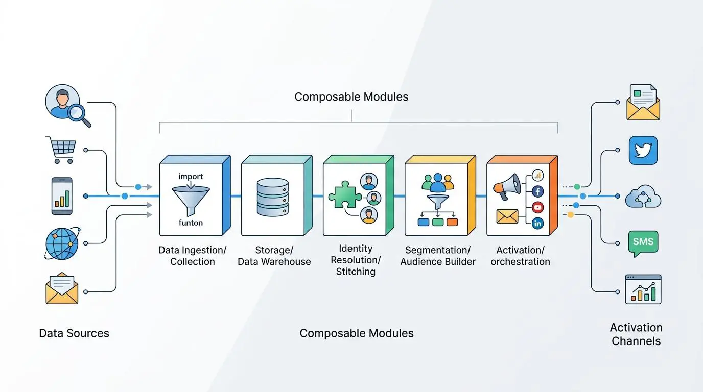 Unbundled composable customer data platform architecture, highlighting modules for the best e-commerce personalization engines.