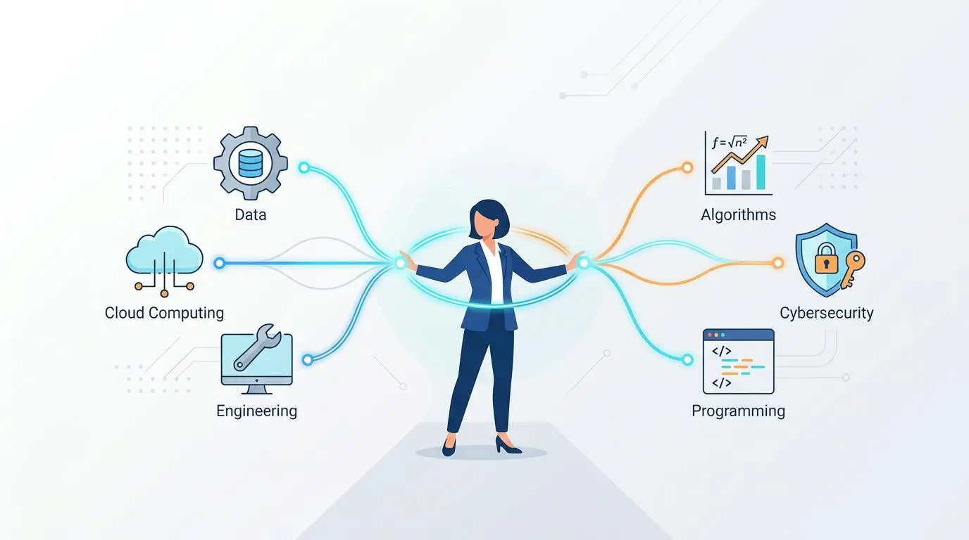 Professional connects technical skills: Cloud Computing, Data, Engineering to Algorithms, Cybersecurity, Programming.
