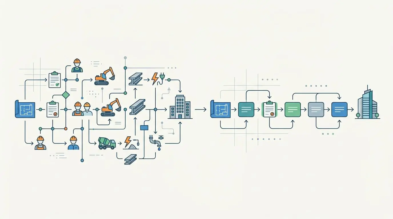 AI for construction project management: workflow compression visualization with icons.
