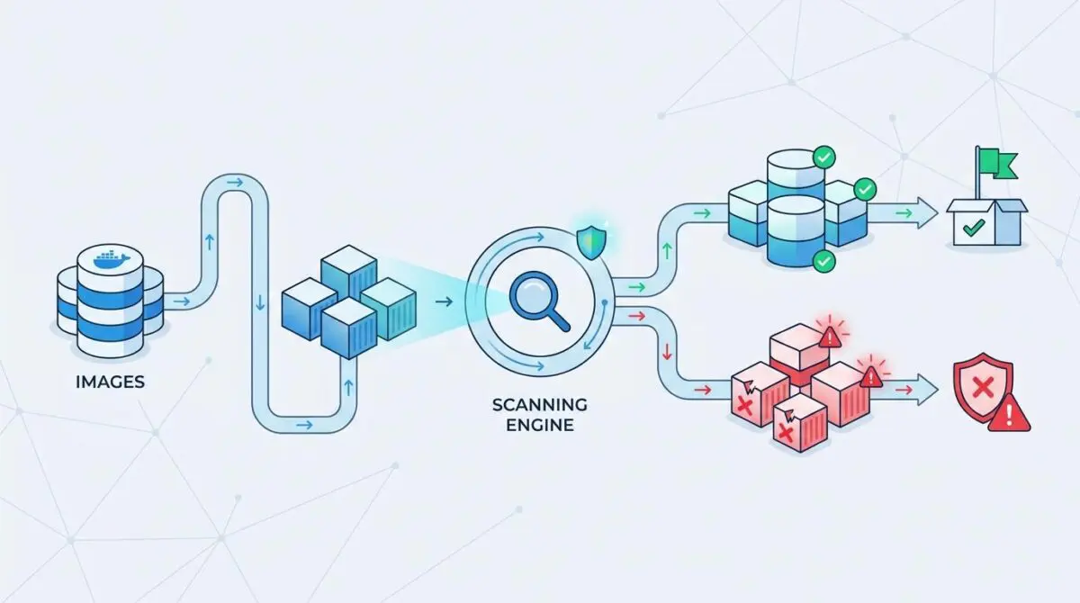 Automated container image scanning process: vulnerable builds are flagged and blocked instantly.
