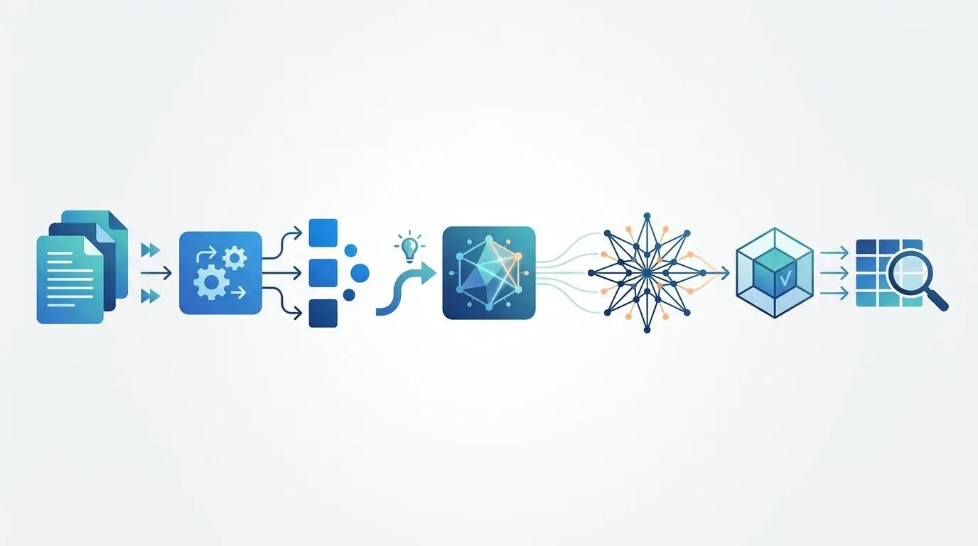 Content marketing semantic node chunking and vector embedding process illustration for GEO.