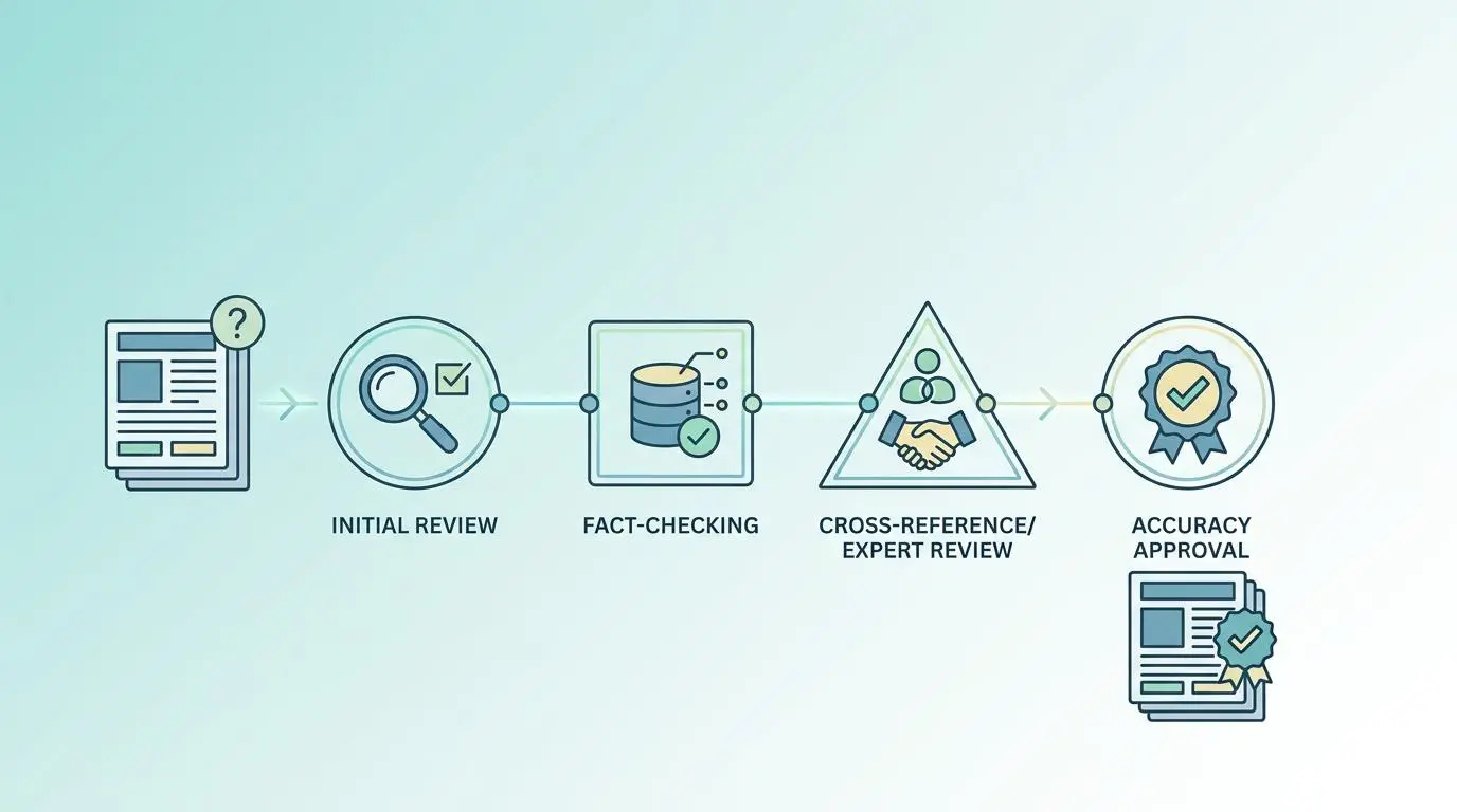 Diagram showing a content verification chain: initial review, fact-checking, cross-reference, and accuracy approval. Used for automated content quality assurance.
