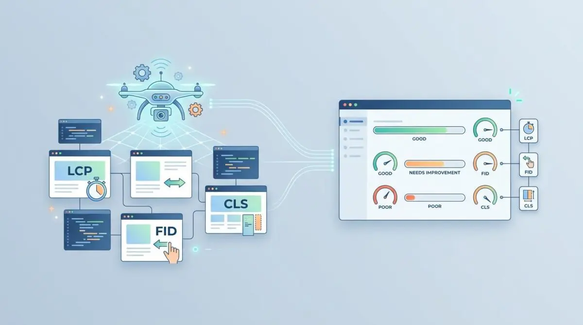 Automated monitoring dashboard displaying LCP, FID, and CLS Core Web Vitals.