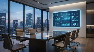 Corporate boardroom displaying a digital analytics dashboard, highlighting the future of talent acquisition with automation and analytics.