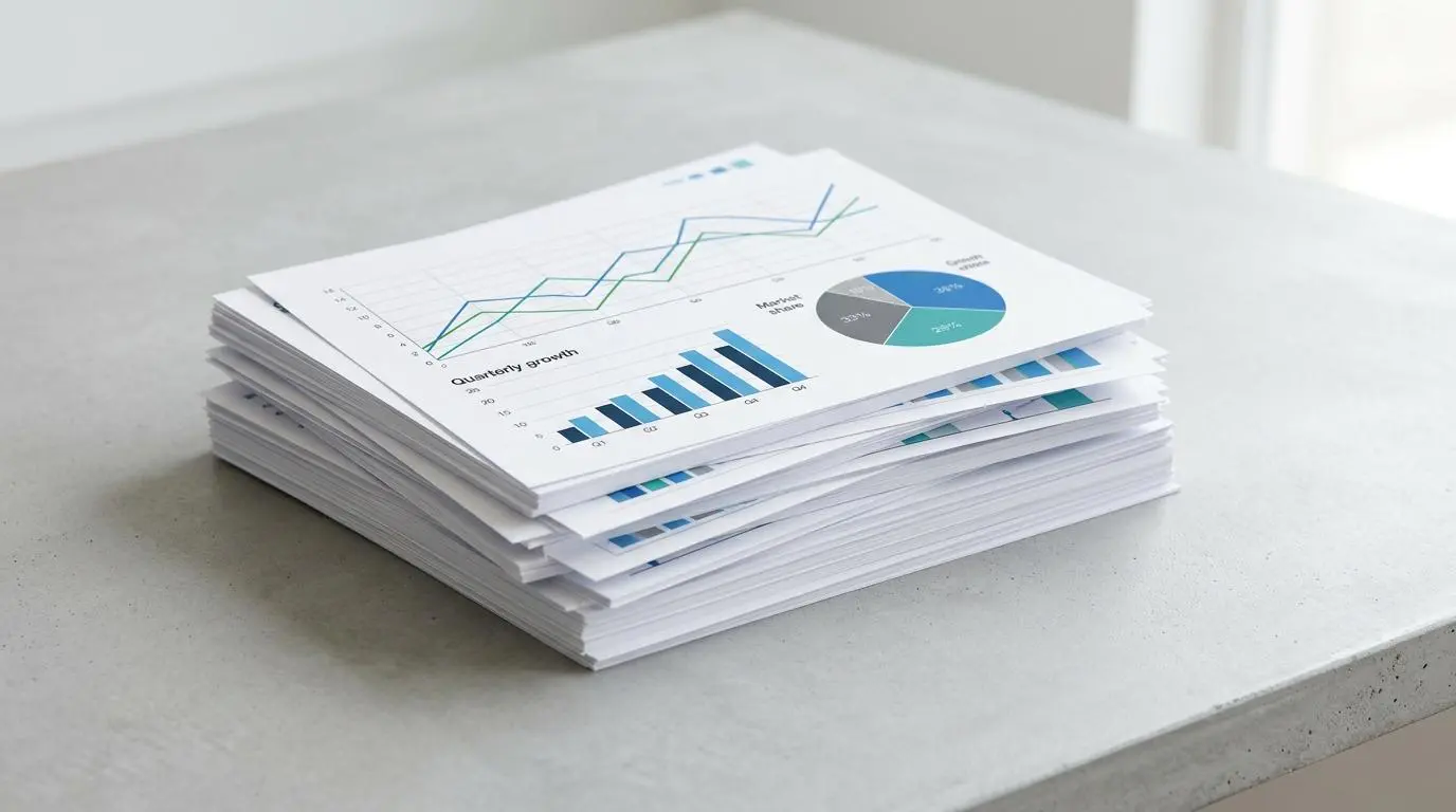 Stack of corporate documents detailing quarterly growth and market share charts. Related to The Business Books That Shaped the World's Richest People.