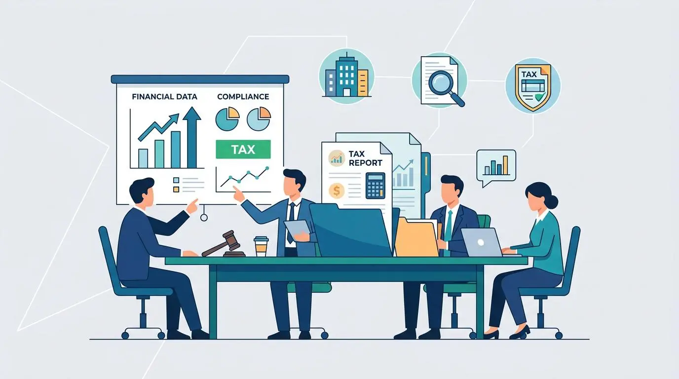 Executives review tax reports and financial data charts, illustrating the difference between tax avoidance and evasion.