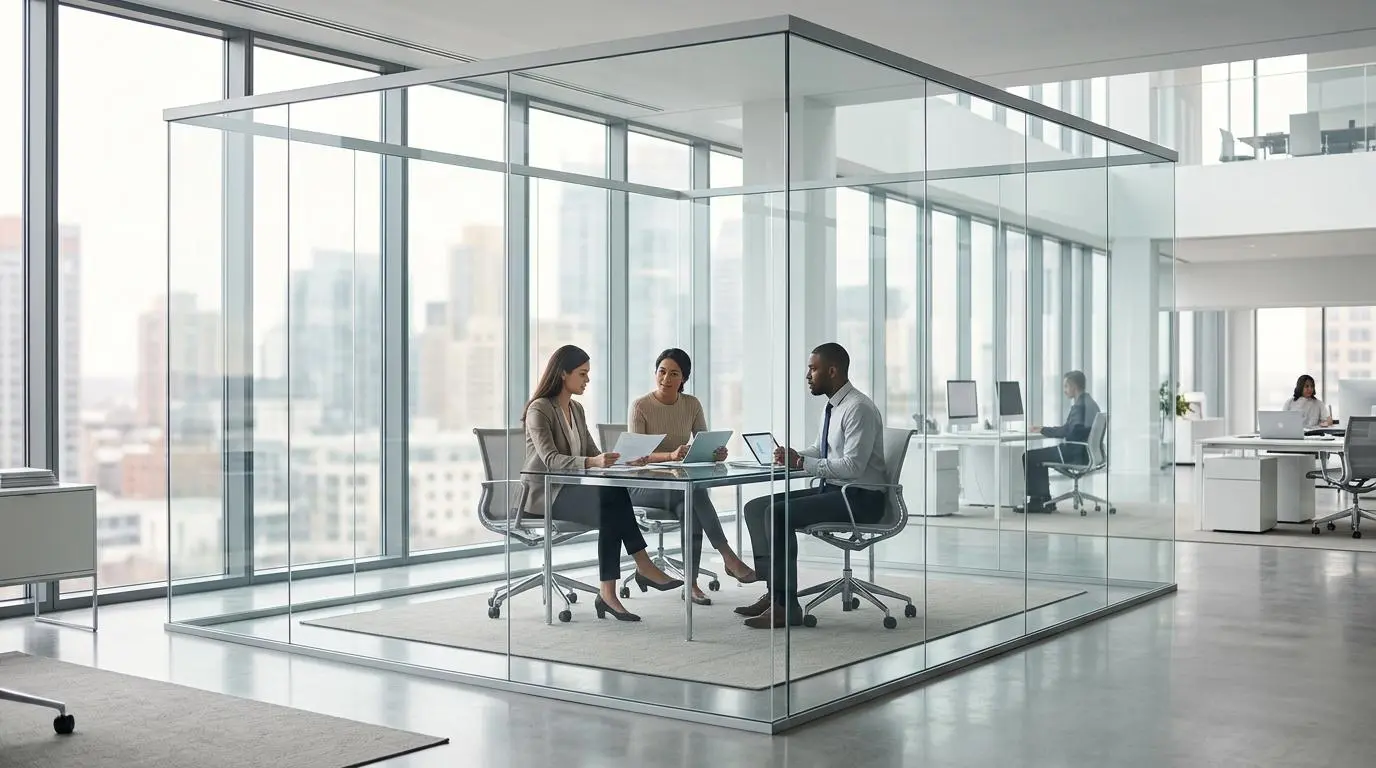 Business meeting in a transparent glass office discussing regulatory compliance for dynamic pricing.