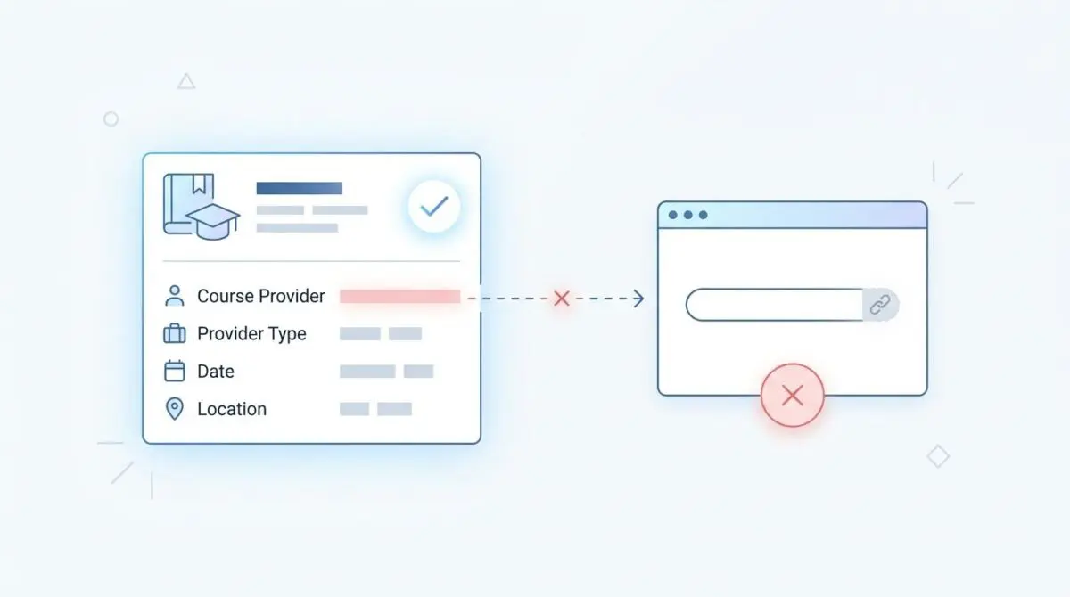 Illustration showing a form with 'Course Provider' missing a valid URL, leading to an error. Course schema not displaying rich results because the provider field is missing a valid Organization URL.