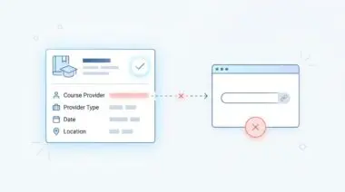 Illustration showing a form with 'Course Provider' missing a valid URL, leading to an error. Course schema not displaying rich results because the provider field is missing a valid Organization URL.