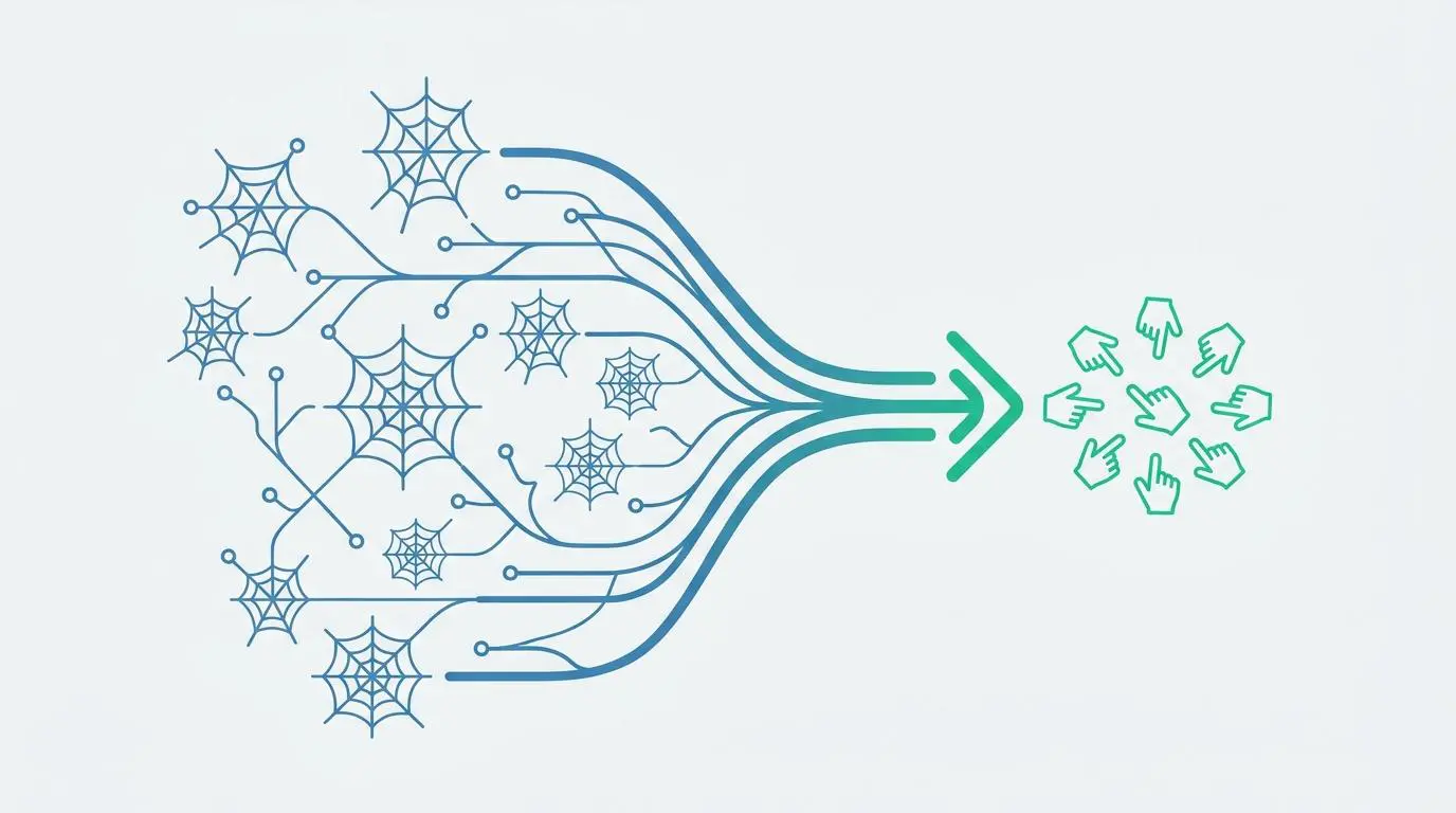 Asymmetric data flow: web crawlers (spiders) to user clicks, illustrating AI search vs traditional search engine behavior.