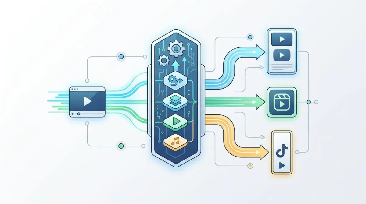 Automated cross-platform video repurposing architecture diagram showing input and output to various platforms.