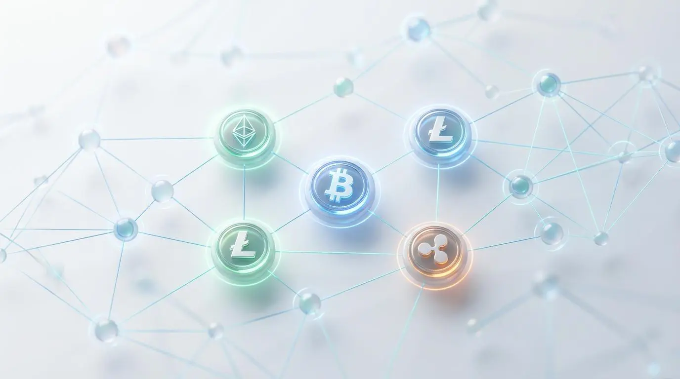 Digital network nodes connect icons for Bitcoin, Ethereum, Litecoin, and Ripple, representing crypto's role in wealth.